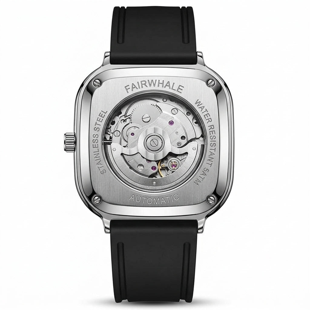 Fairwhale watch with black strap and visible mechanical components on a white background