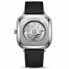 Fairwhale watch with black strap and visible mechanical components on a white background