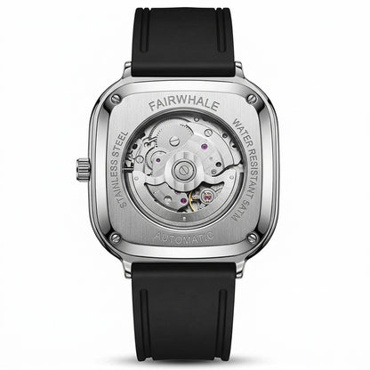 Fairwhale watch with black strap and visible mechanical components on a white background