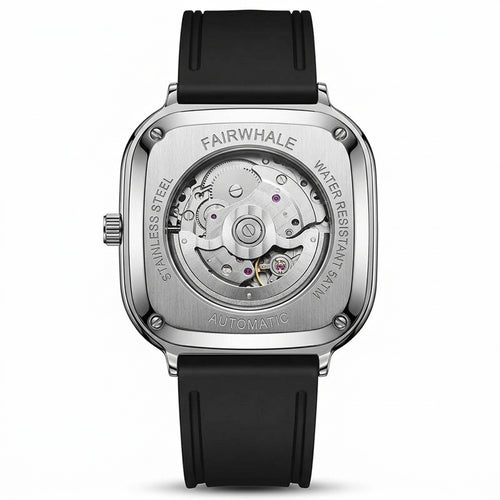 Fairwhale watch with black strap and visible mechanical components on a white background