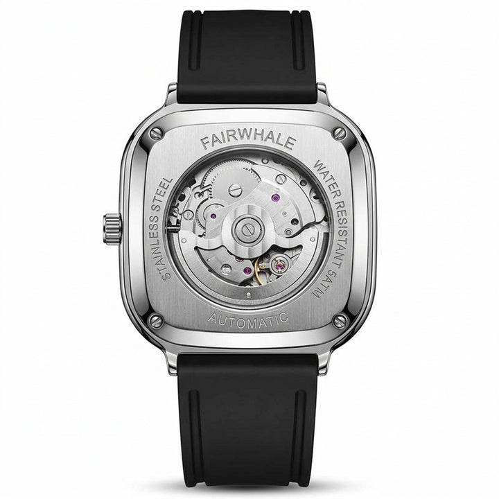 Fairwhale watch with black strap and visible mechanical components on a white background