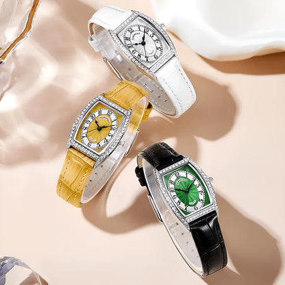 Three variants of the Mark Fairwhale 3450 DIAVANA women’s watch shown in white, yellow, and black leather straps with diamond-accented rectangular cases