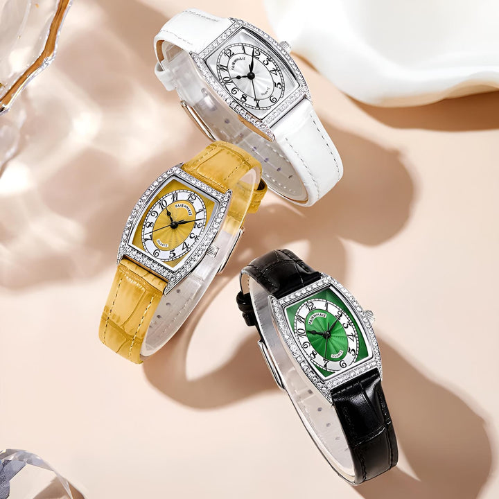 Three variants of the Mark Fairwhale 3450 DIAVANA women’s watch shown in white, yellow, and black leather straps with diamond-accented rectangular cases