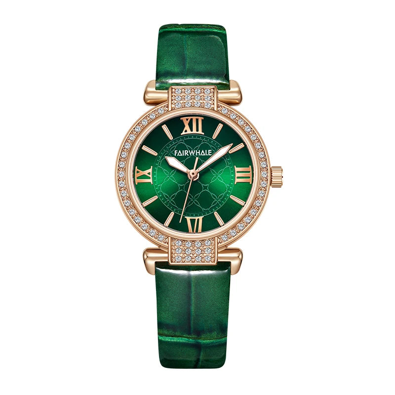 Fairwhale 3659 VELORA emerald dial with Roman numerals and diamond-like bezel detailing, showcasing refined feminine design