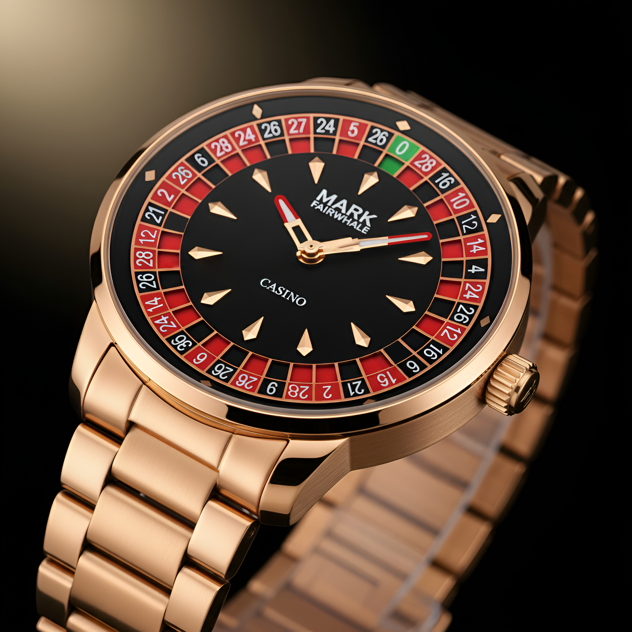 Close-up of the Mark Fairwhale 5031 men’s watch in rose gold, featuring roulette-style dial and elegant bracelet.