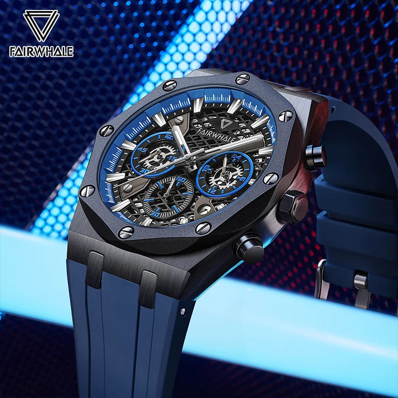 Fairwhale 5660 ZYRON men’s sport chronograph watch blue strap stainless steel case skeleton dial