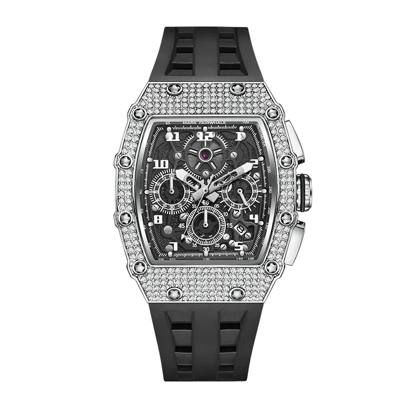 Fairwhale FW-5069 Chronog - Black strap, diamond bezel, chronograph face