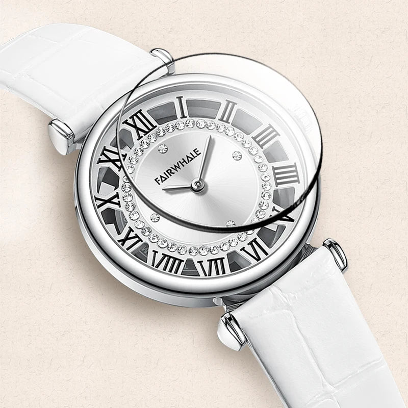 Fairwhale LUMENORA elegant quartz ladies watch with white strap and Roman numeral markers