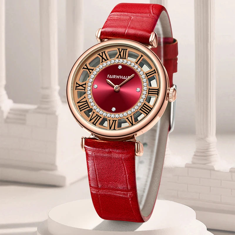 Fairwhale LUMENORA red dial ladies watch with rose gold case and Roman numerals