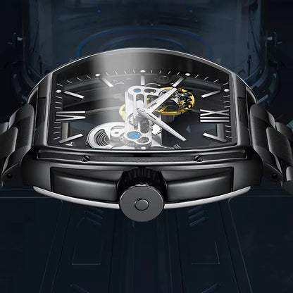 Fairwhale FW-6001 NOVARIS black stainless steel skeleton automatic watch with luminous hands and Roman numeral indices, modern luxury men’s timepiece.