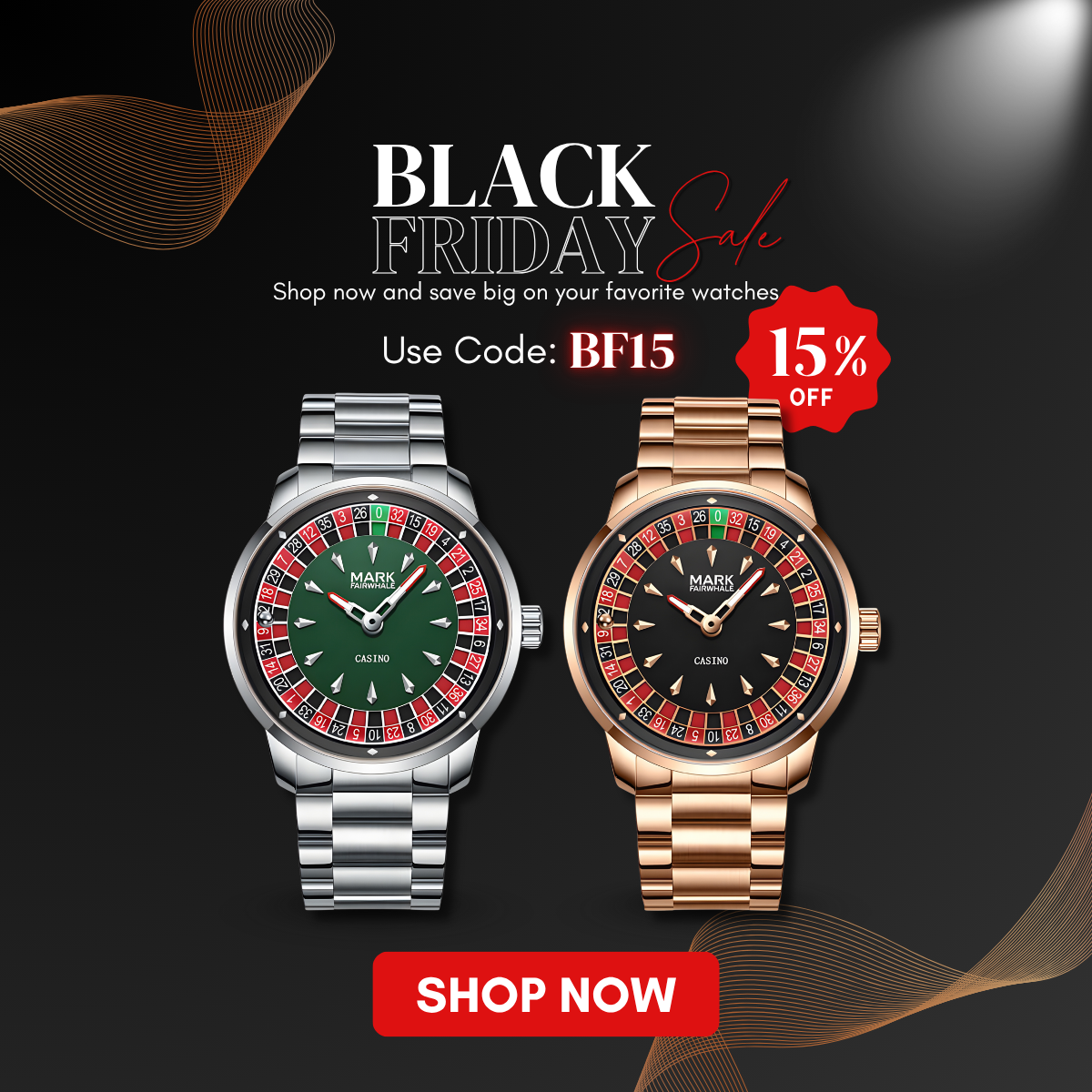 Black Friday Sale Fairwhale Watch banner featuring two luxury casino watches in silver and rose gold with 15% discount code BF15