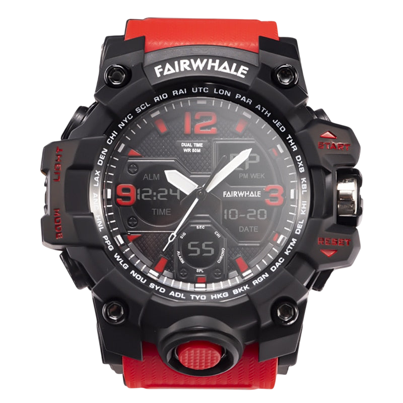 Fairwhale digital watch with black and red design on a white background