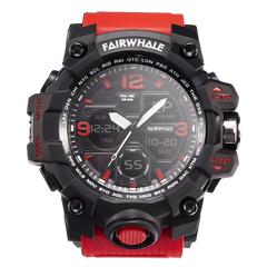Fairwhale digital watch with black and red design on a white background