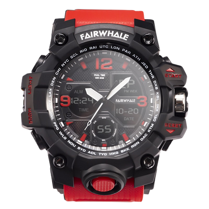 Fairwhale digital watch with black and red design on a white background