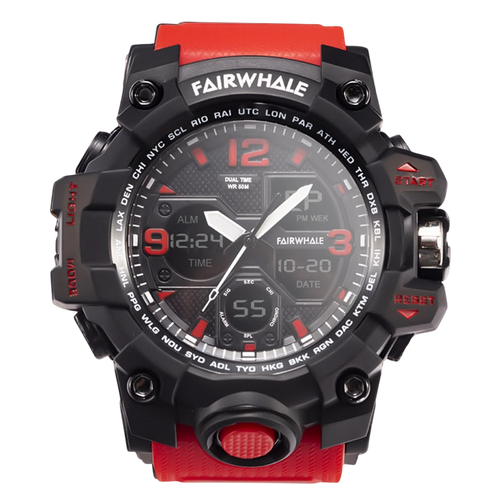 Fairwhale digital watch with black and red design on a white background