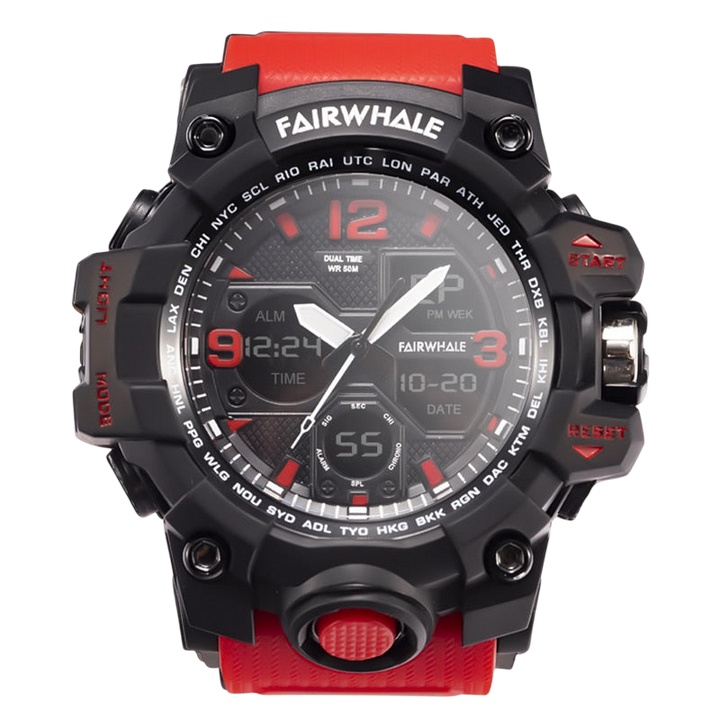 Fairwhale digital watch with black and red design on a white background