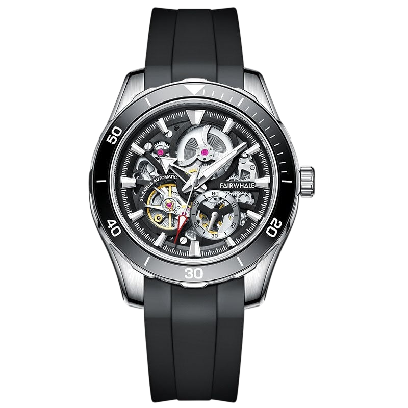 Fairwhale mechanical watch with black strap on a white background