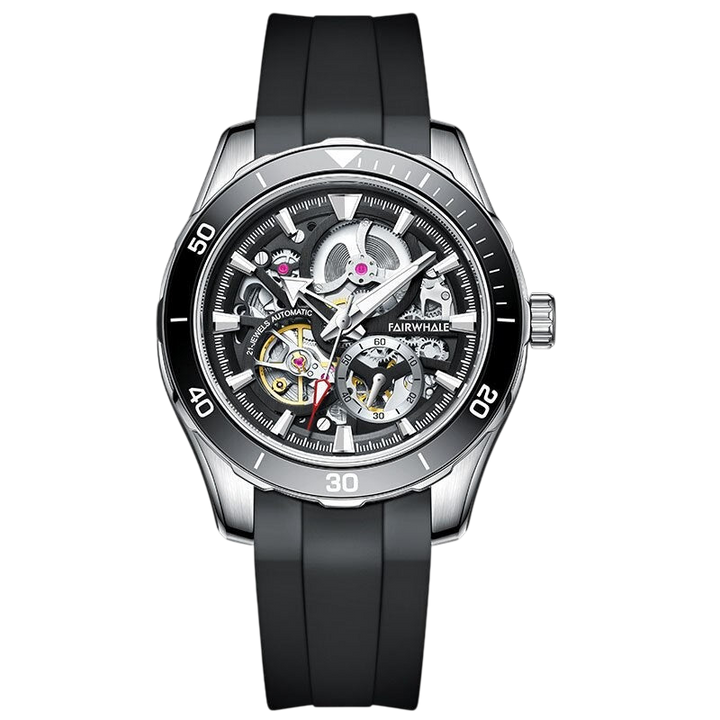 Fairwhale mechanical watch with black strap on a white background