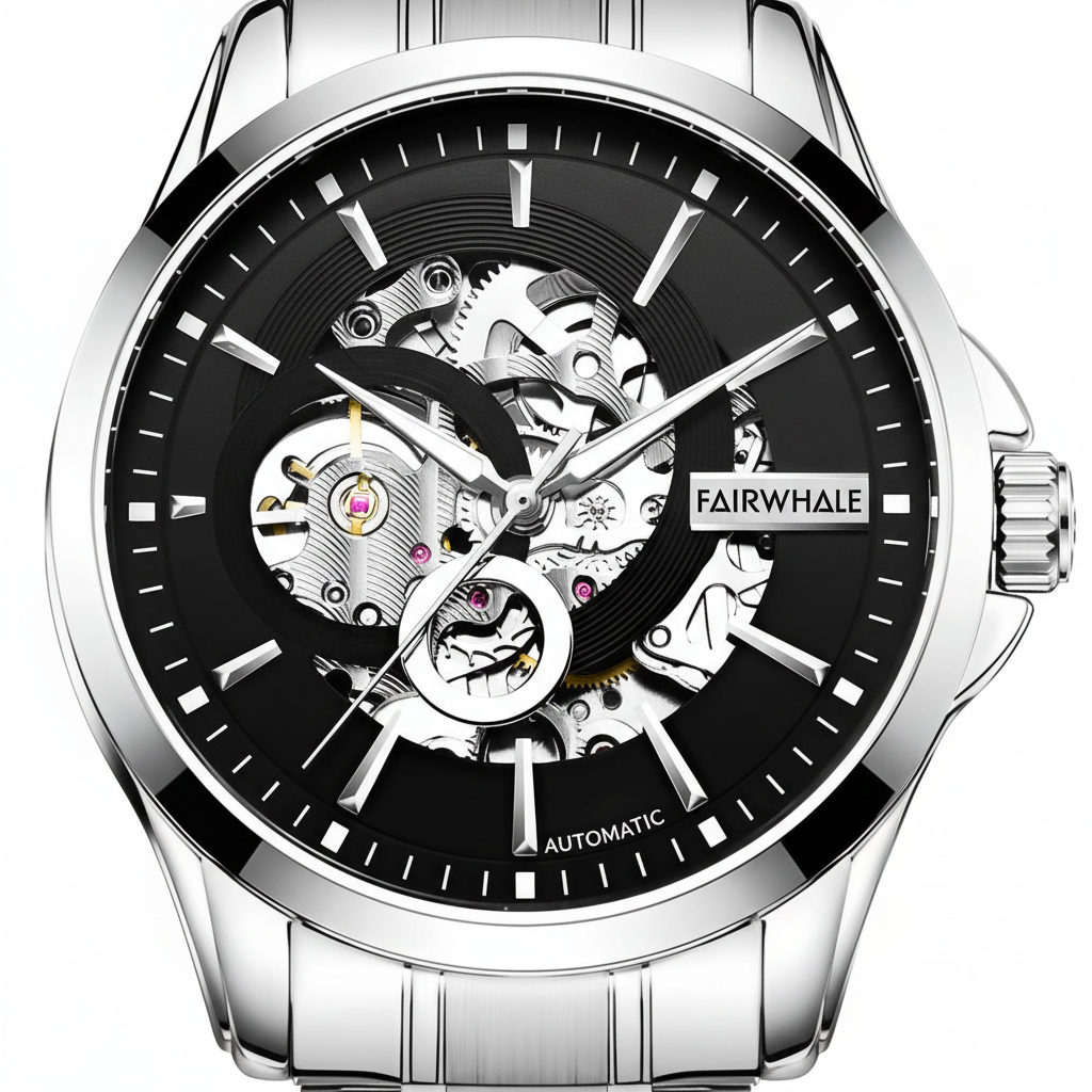 Fairwhale mechanical watch with black face and silver case on a white background