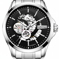 Fairwhale mechanical watch with black face and silver case on a white background