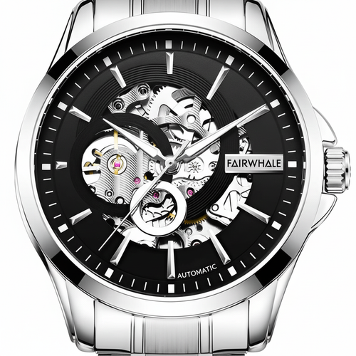 Fairwhale mechanical watch with black face and silver case on a white background