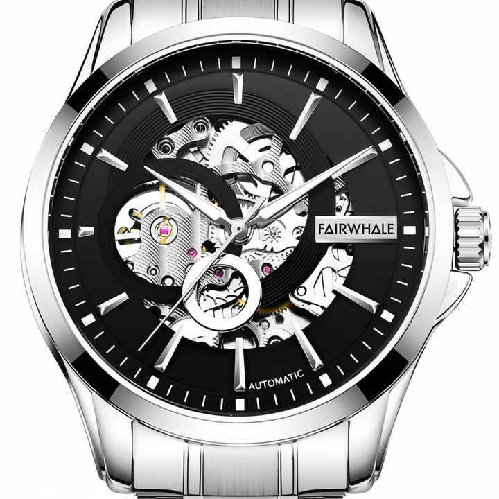 Fairwhale mechanical watch with black face and silver case on a white background