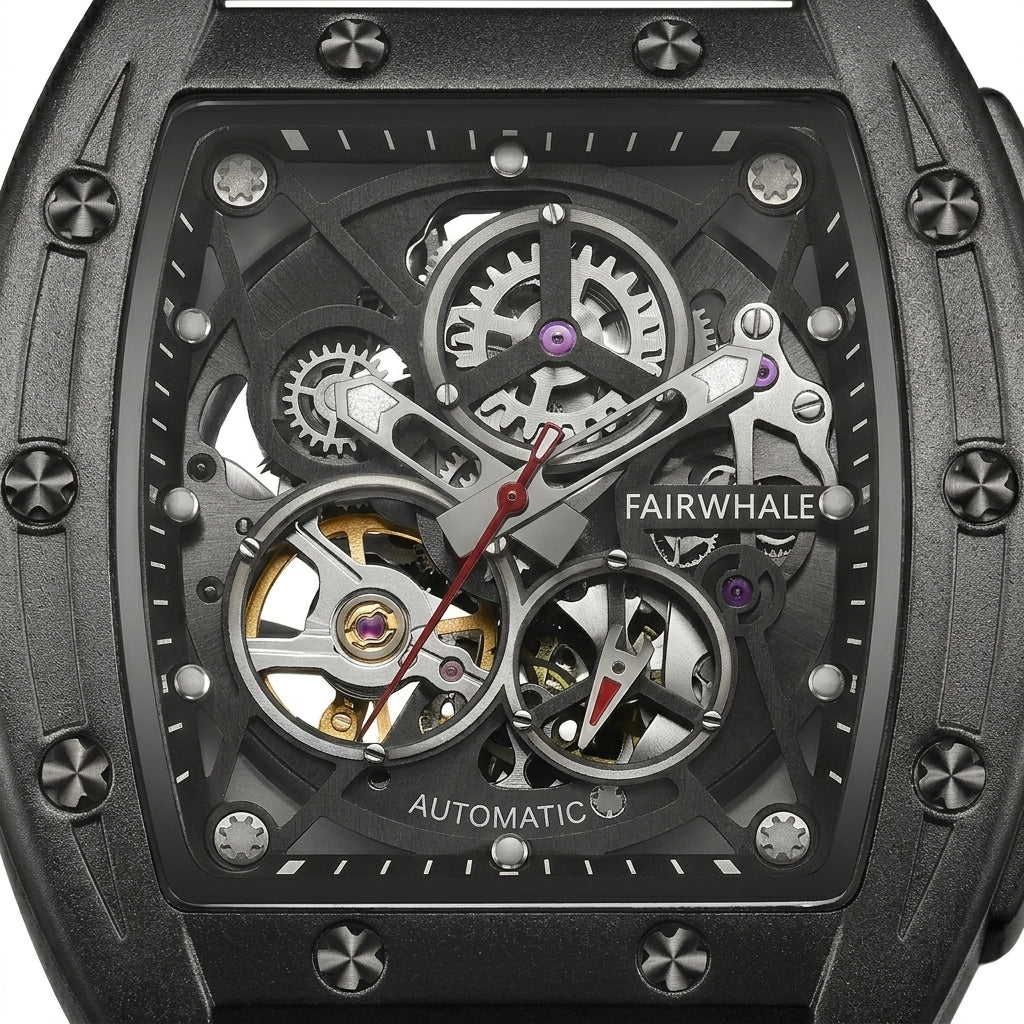 Fairwhale mechanical watch with visible gears and brand name on a black background