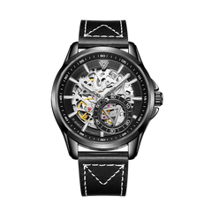 Fairwhale skeleton watch black dial stainless steel case black leather strap automatic wristwatch front view