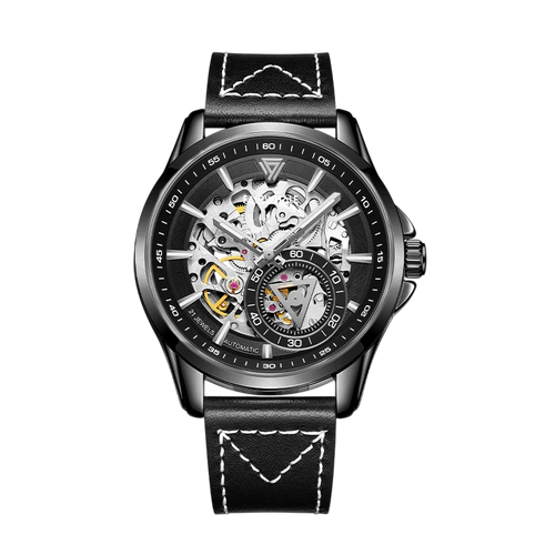 Fairwhale skeleton watch black dial stainless steel case black leather strap automatic wristwatch front view