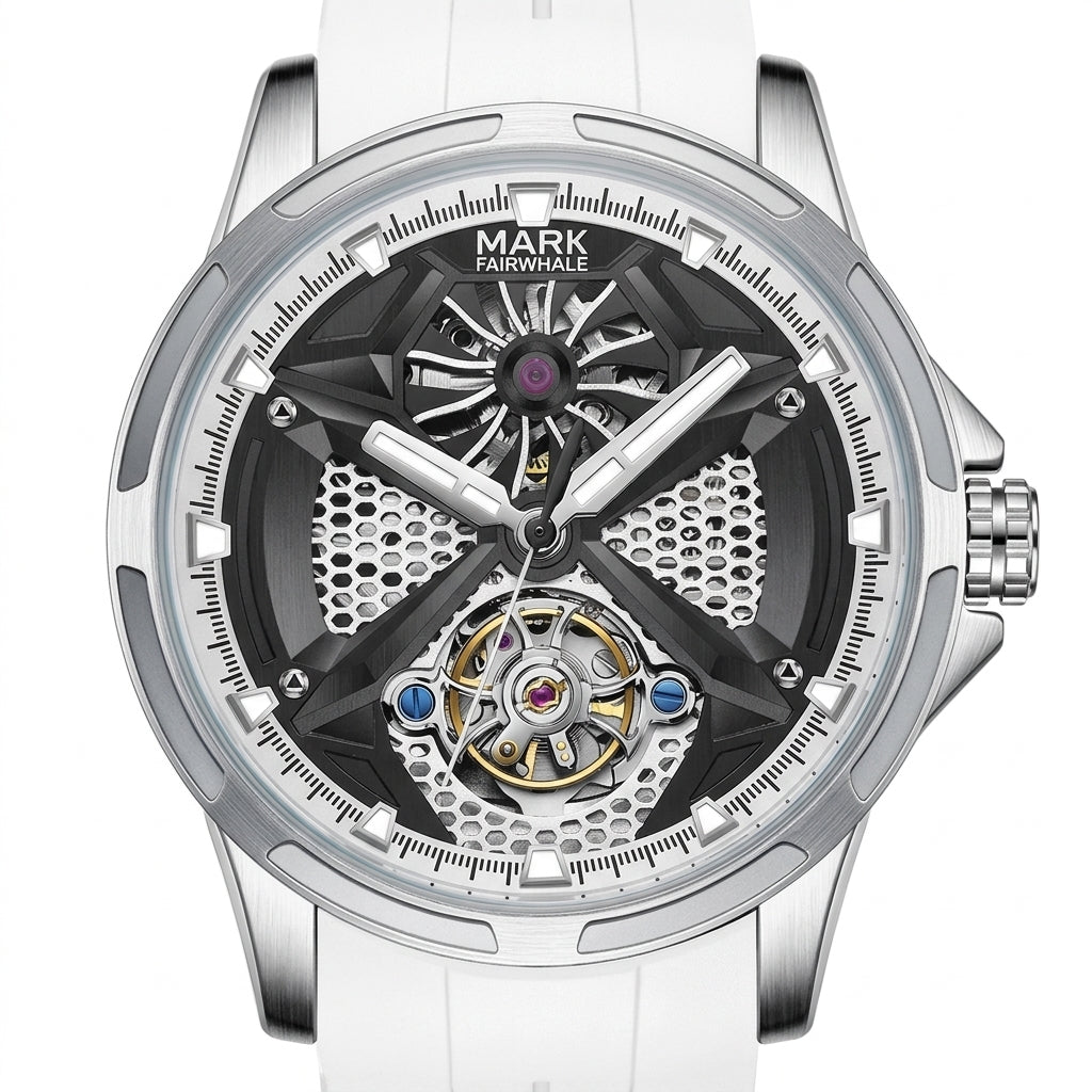 Fairwhale skeleton watch dial close up silver case white strap automatic mechanical watch detail