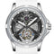 Fairwhale skeleton watch dial close up silver case white strap automatic mechanical watch detail