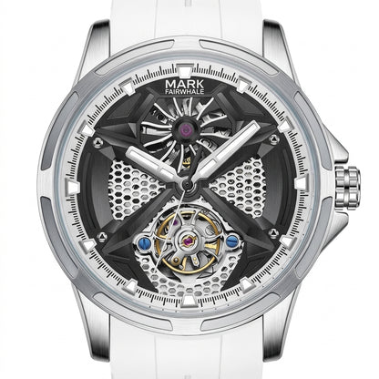 Fairwhale skeleton watch dial close up silver case white strap automatic mechanical watch detail