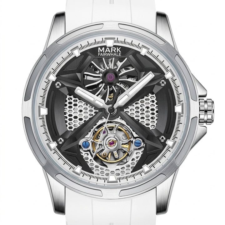 Fairwhale skeleton watch dial close up silver case white strap automatic mechanical watch detail