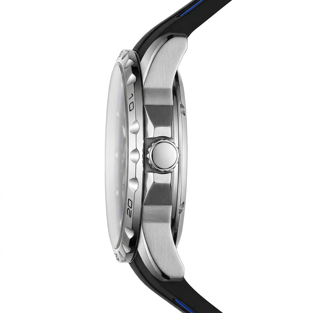 Fairwhale skeleton watch side view silver stainless steel case profile black strap blue accents automatic watch