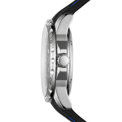 Fairwhale skeleton watch side view silver stainless steel case profile black strap blue accents automatic watch