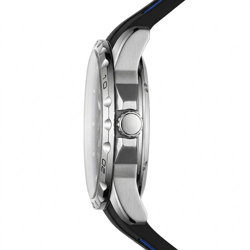 Fairwhale skeleton watch side view silver stainless steel case profile black strap blue accents automatic watch