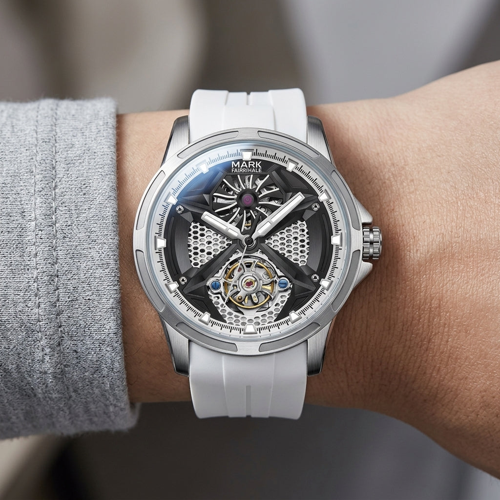 Fairwhale skeleton watch silver case white rubber strap automatic wristwatch on wrist lifestyle view