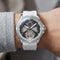 Fairwhale skeleton watch silver case white rubber strap automatic wristwatch on wrist lifestyle view