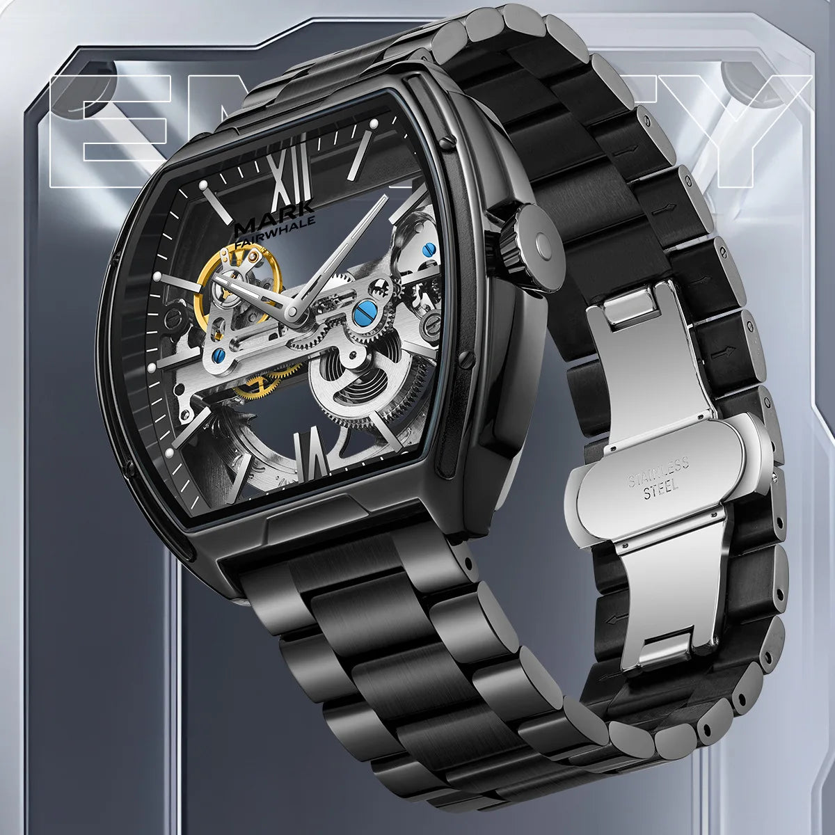 Side angle of the Fairwhale FW-6001 NOVARIS men’s skeleton automatic watch in black stainless steel, revealing its architectural case and exposed movement.