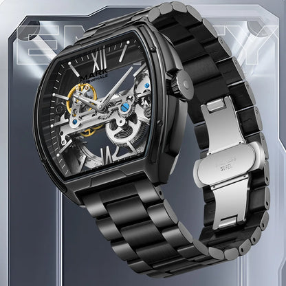 Side angle of the Fairwhale FW-6001 NOVARIS men’s skeleton automatic watch in black stainless steel, revealing its architectural case and exposed movement.