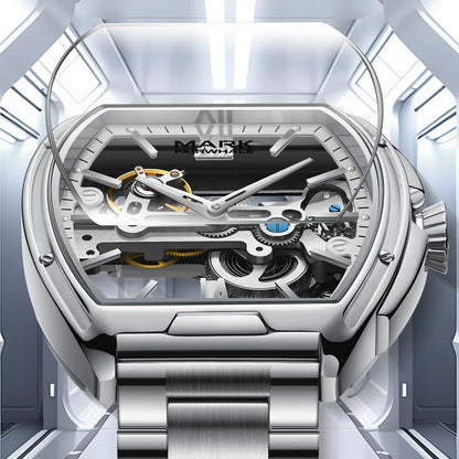 Close-up of the Fairwhale NOVARIS FW-6001 luxury skeleton automatic watch in stainless steel, showcasing its open-worked dial and visible gears.