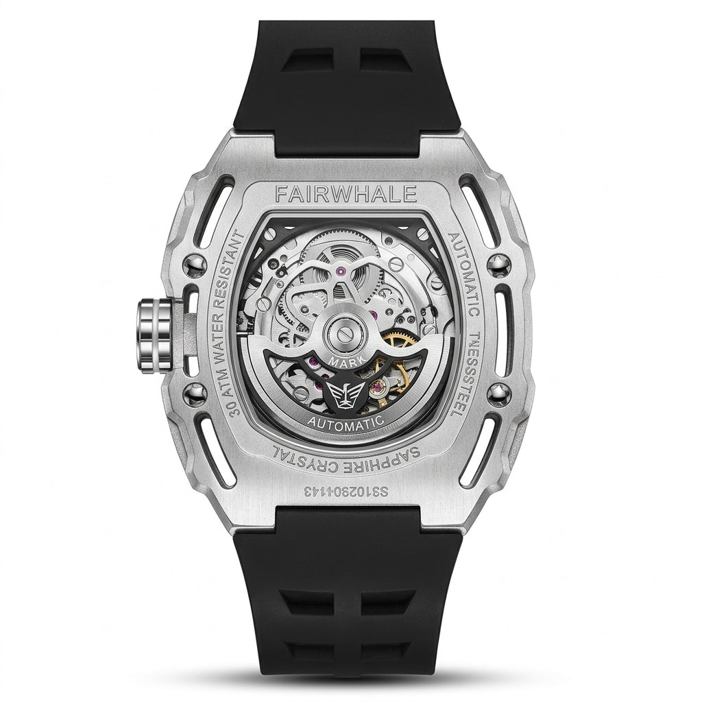 Fairwhale watch with black strap and visible mechanical components on a white background