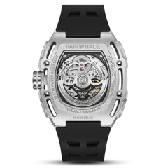 Fairwhale watch with black strap and visible mechanical components on a white background