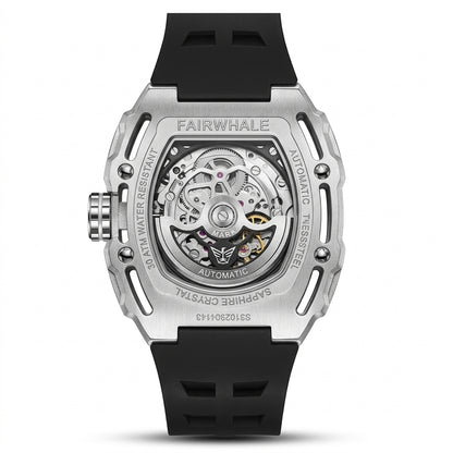 Fairwhale watch with black strap and visible mechanical components on a white background