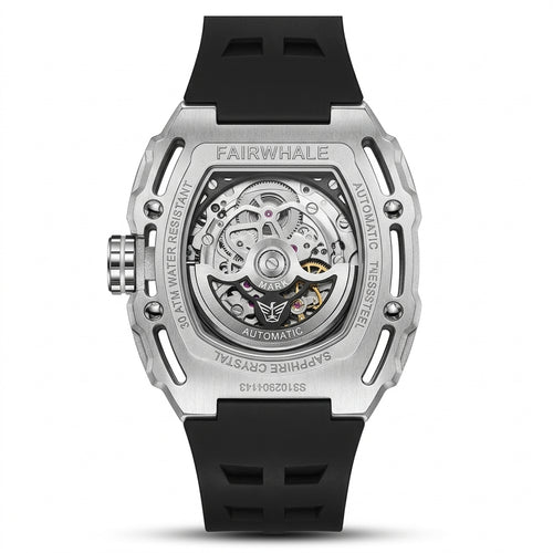 Fairwhale watch with black strap and visible mechanical components on a white background