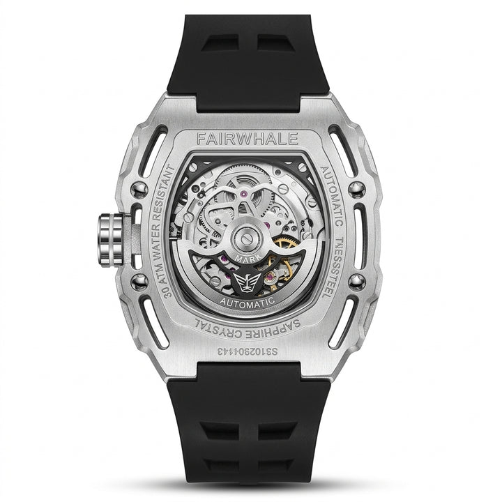 Fairwhale watch with black strap and visible mechanical components on a white background