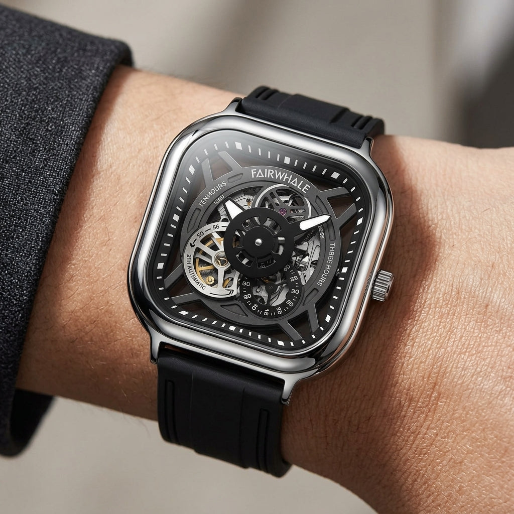 Fairwhale watch on a wrist with a neutral background