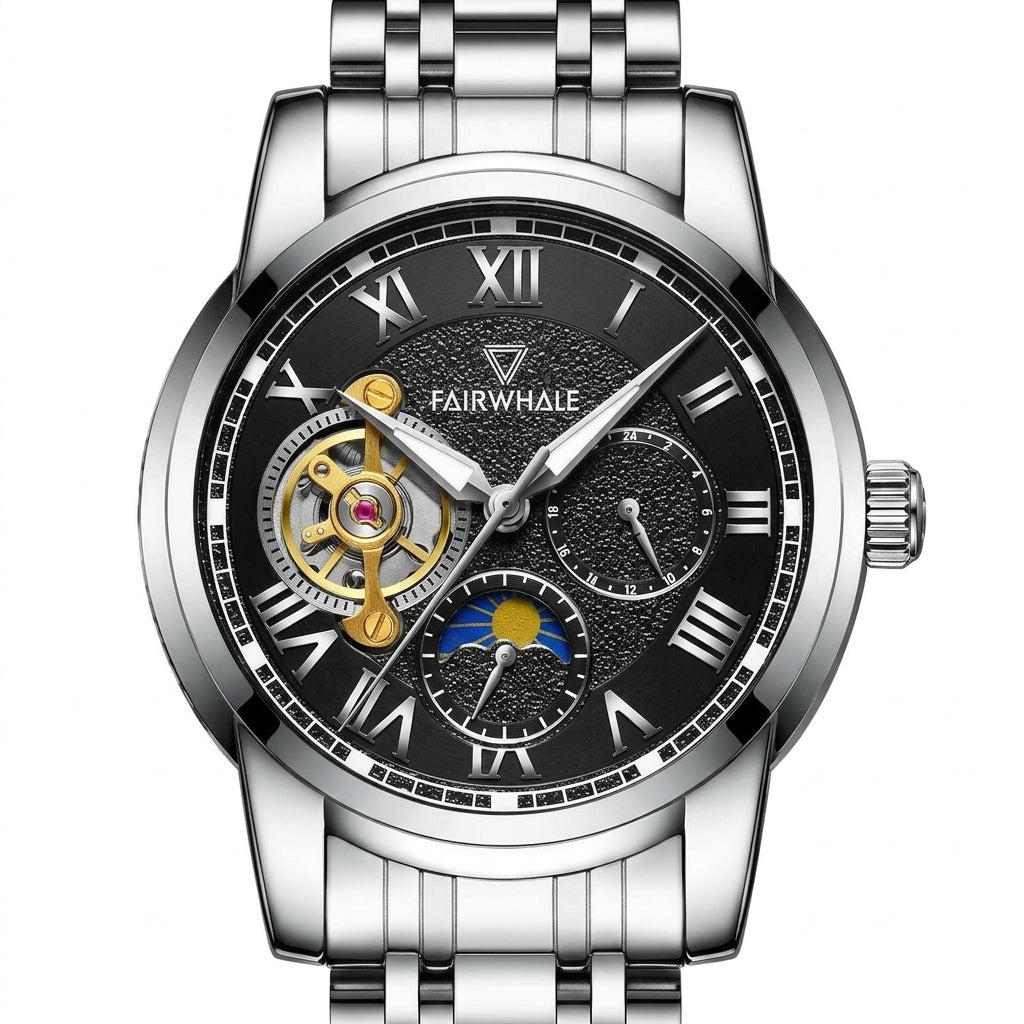 Fairwhale watch with black dial and silver metal strap on a white background