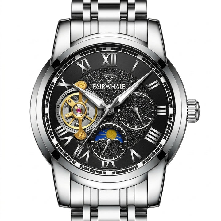 Fairwhale watch with black dial and silver metal strap on a white background