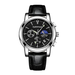 Fairwhale watch with black leather strap and detailed face on a white background
